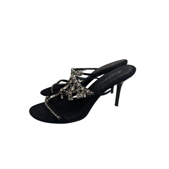 BEVERLY FELDMAN Rhinestone Black Satin Jeweled Sandals Heels Size 9 - Picture 6 of 12